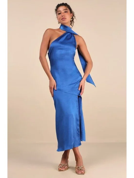 Lulus Womens Reglan Sash Midi Dress Sz Medium Blue Satin One Shoulder Low Back - Picture 3 of 8